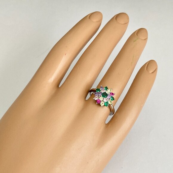 Fruit Salad Cubic Zirconia Halo Ring Rhodium Plated Size 7 8 9 Cocktail Green - Picture 4 of 13